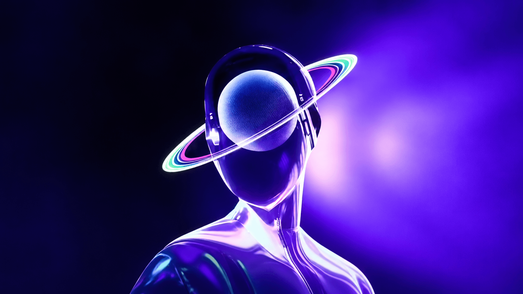 Deep Pebble Tech — chrome humanoid figure with a Saturn-ring head, our brand mark
